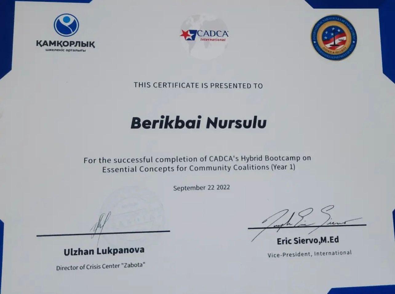 This certificate is presented to Berikbai Nursulu
