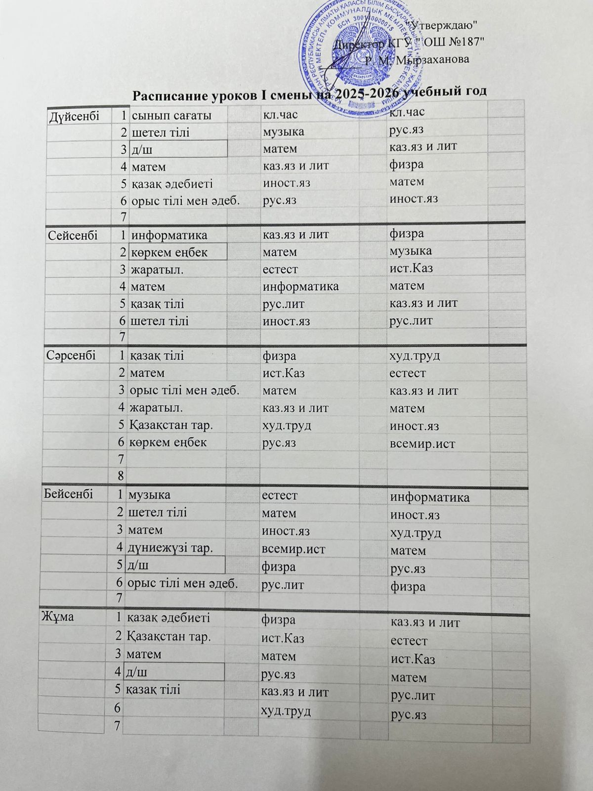 2025-2026 оқу жылындағы I ауысымның сабақ кестесі