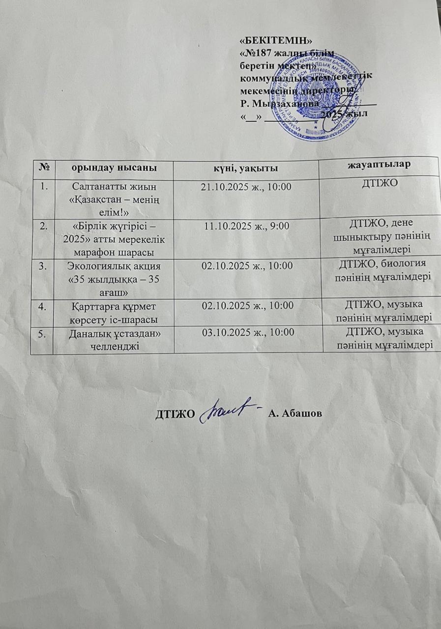 25 қазан- Республика күніне арналған іс-шаралар жоспары