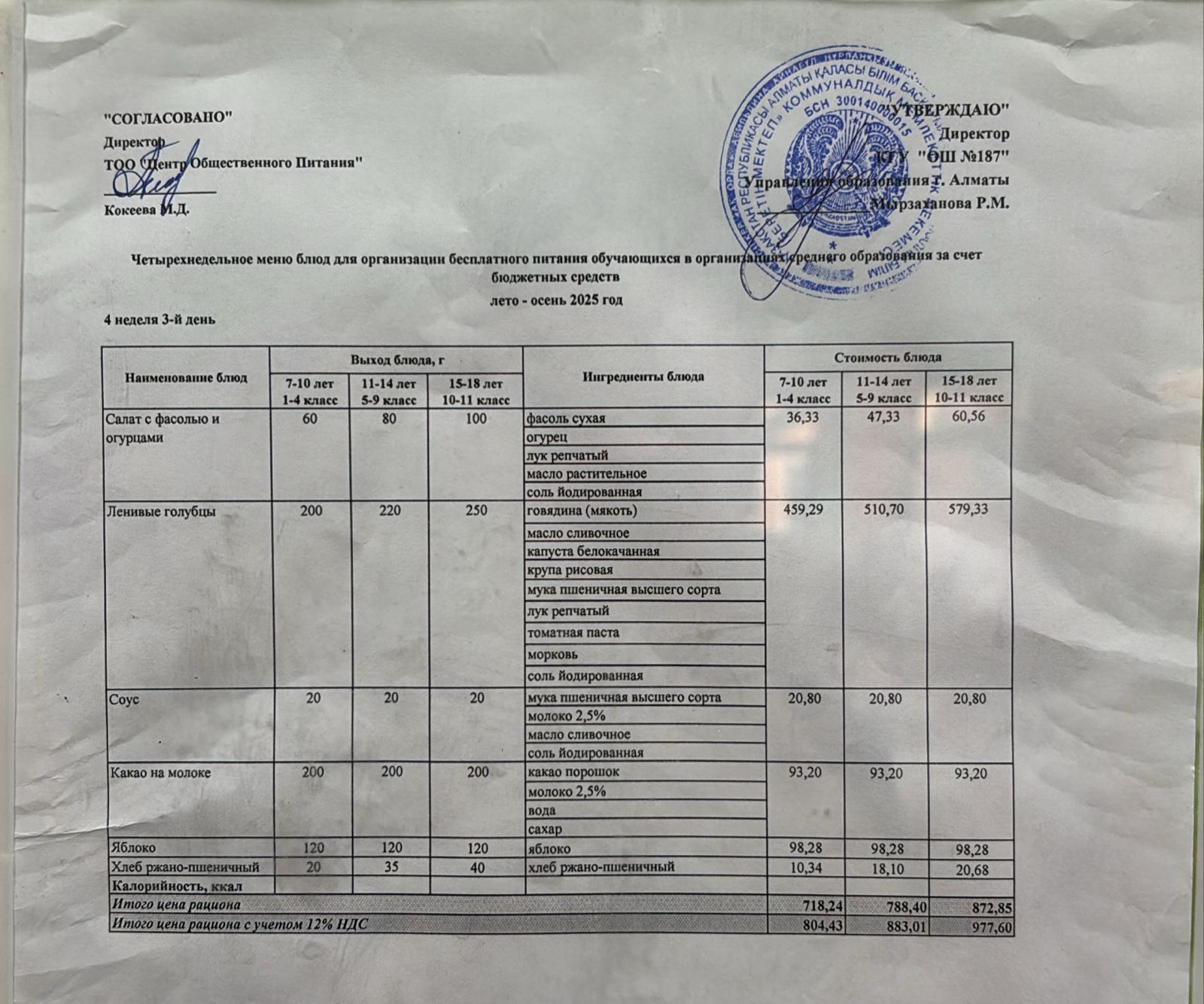 Четырех недельное меню блюд для организации бесплатного питания обучающихся в организациях среднего образования за счет бюджетных средств лето - осень 2025 год