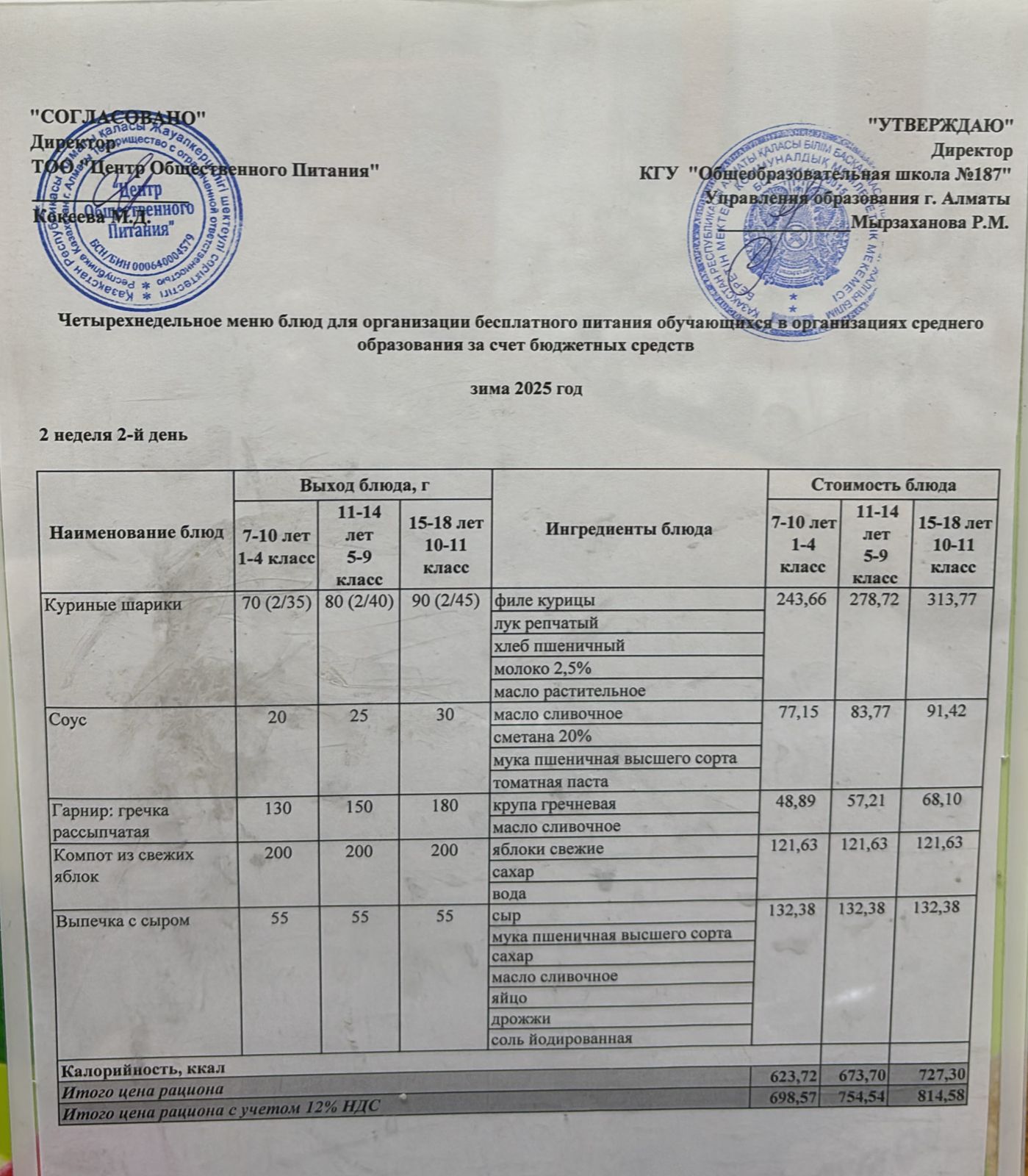 Четырех недельное меню блюд для организации бесплатного питания обучающихся в организациях среднего образования за счет бюджетных средств зима  2025 год