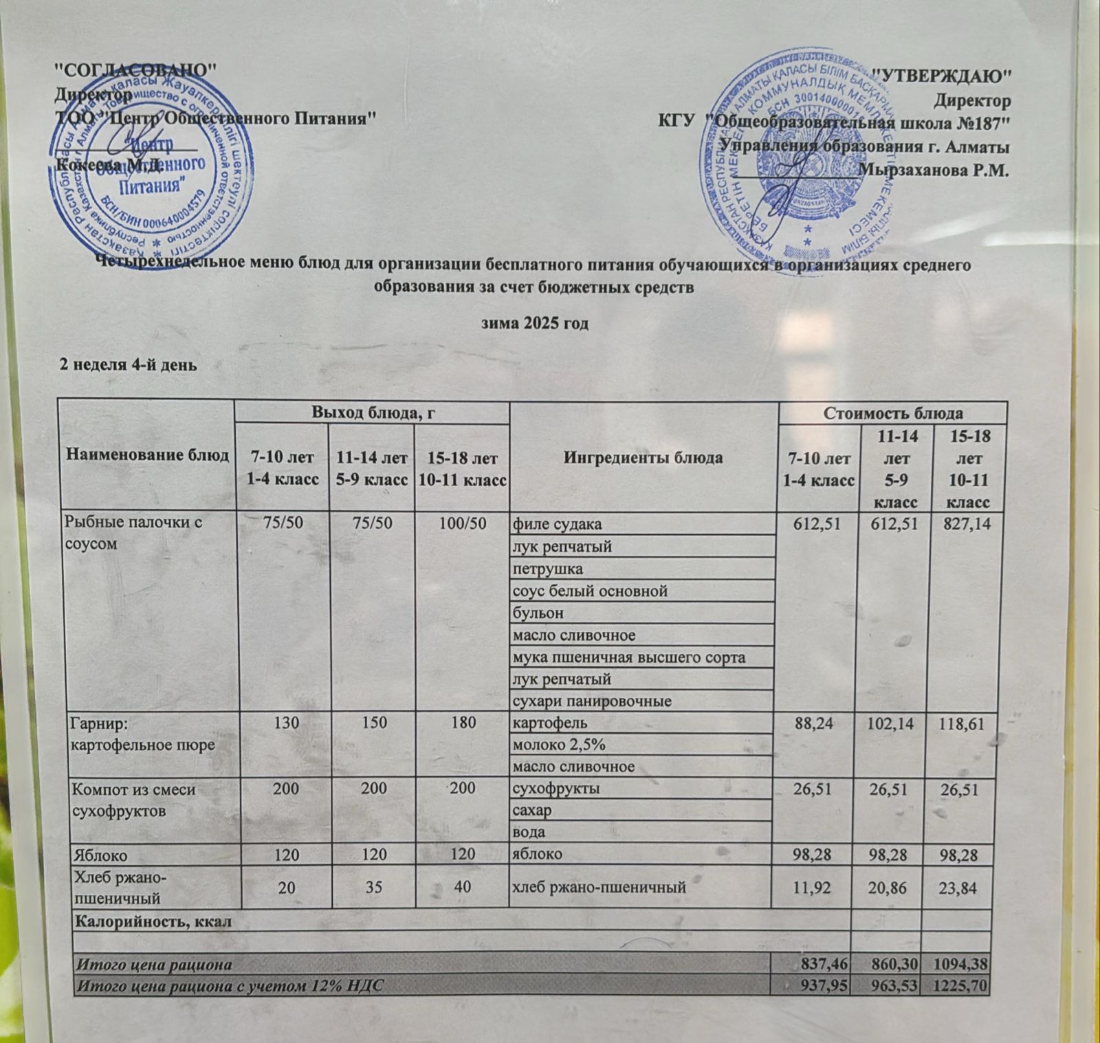 Четырех недельное меню блюд для организации бесплатного питания обучающихся в организациях среднего образования за счет бюджетных средств зима  2025 год