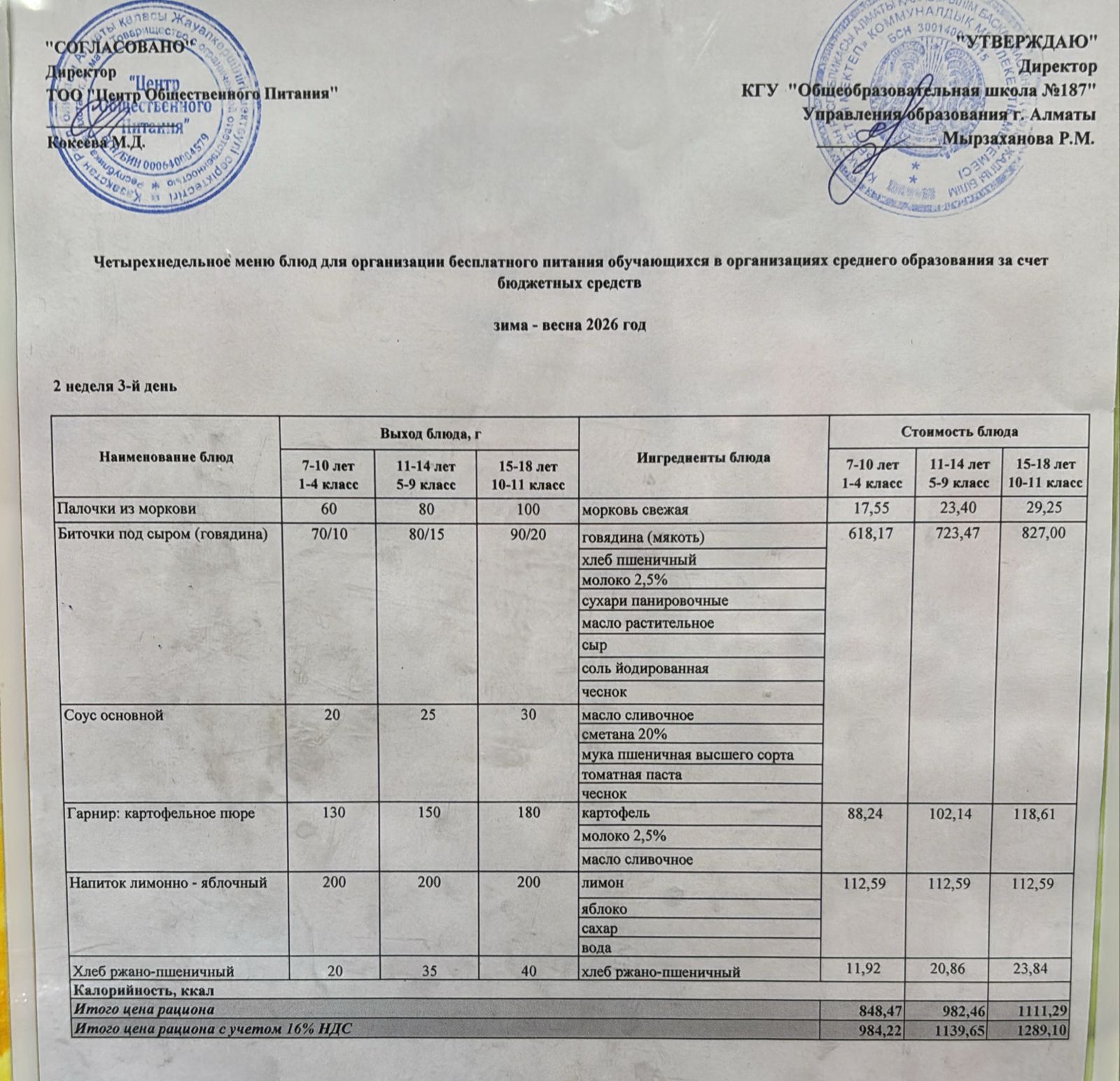 Четырех недельное меню блюд для организации бесплатного питания обучающихся в организациях среднего образования за счет бюджетных средств зима-весна 2026 год