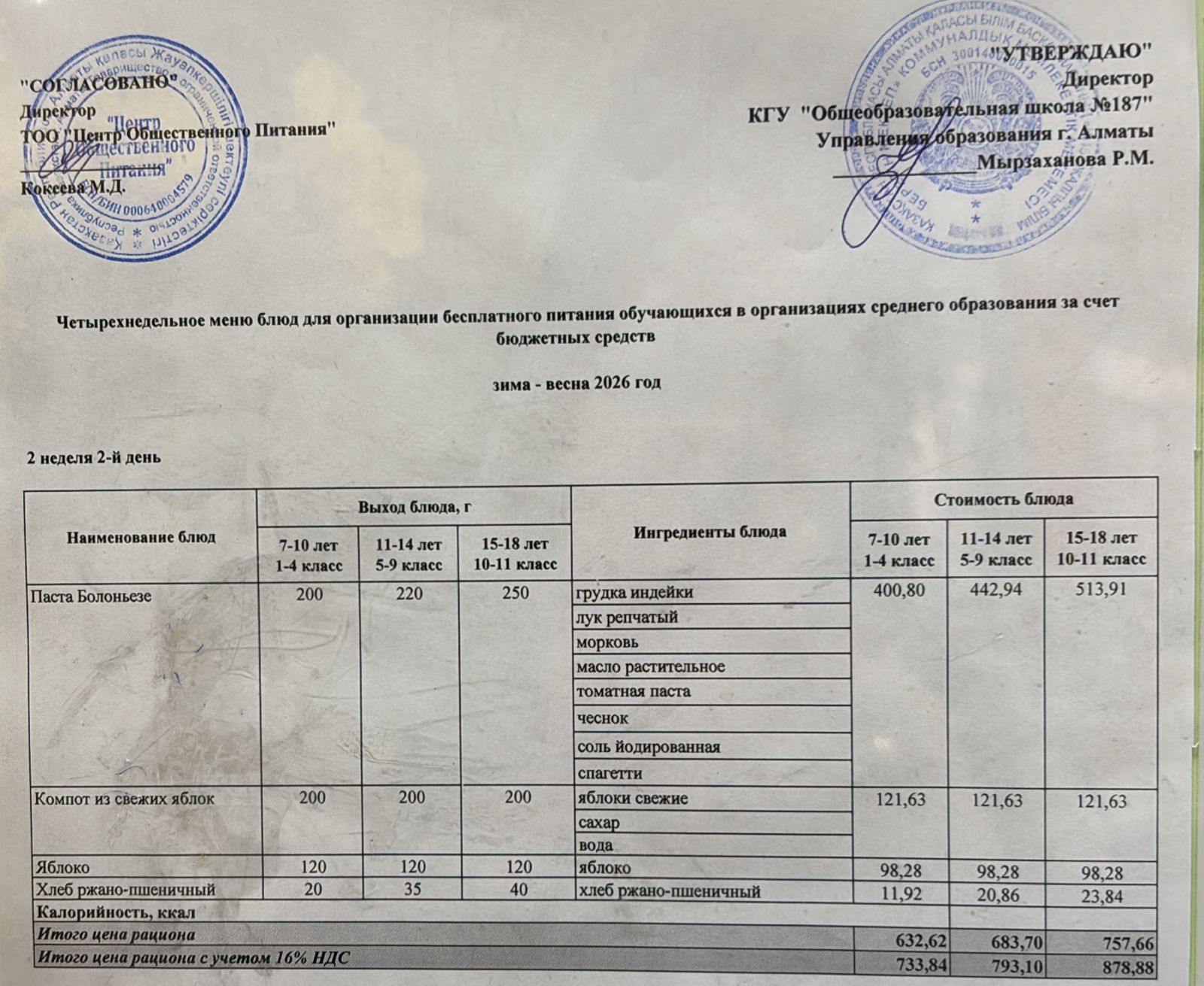 Четырех недельное меню блюд для организации бесплатного питания обучающихся в организациях среднего образования за счет бюджетных средств зима-весна 2026 год