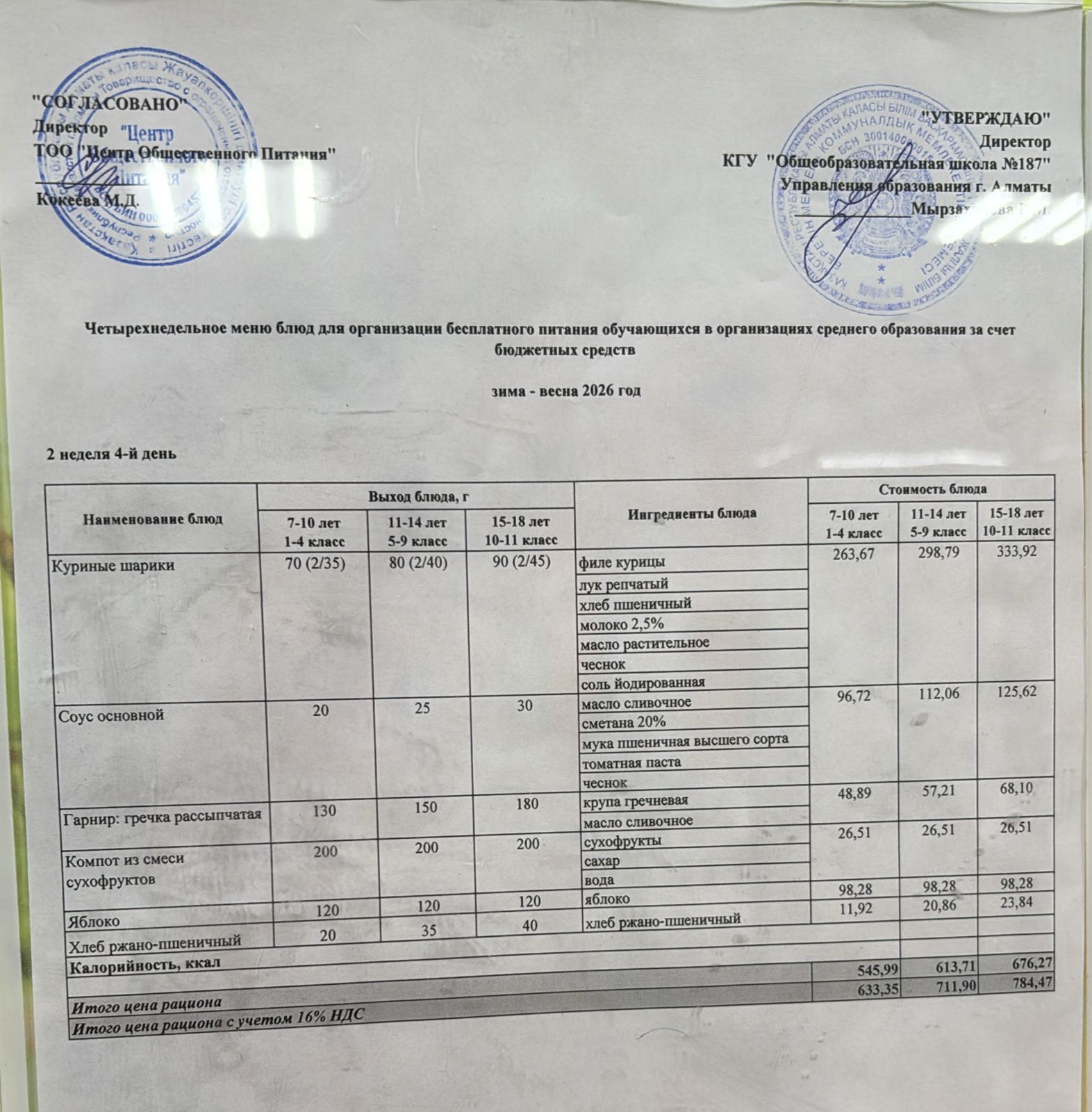 Четырех недельное меню блюд для организации бесплатного питания обучающихся в организациях среднего образования за счет бюджетных средств зима-весна 2026 год