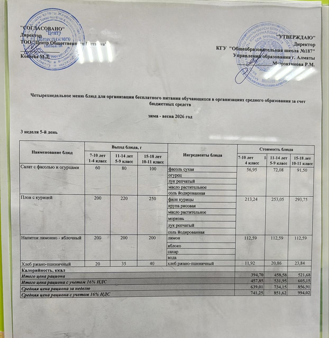 Четырех недельное меню блюд для организации бесплатного питания обучающихся в организациях среднего образования за счет бюджетных средств зима весна 2026 год