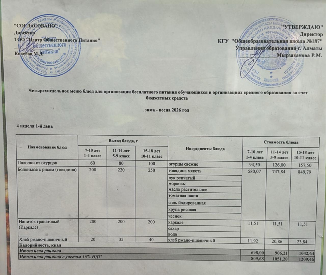 Четырех недельное меню блюд для организации бесплатного питания обучающихся в организациях среднего образования за счет бюджетных средств зима весна 2026 год