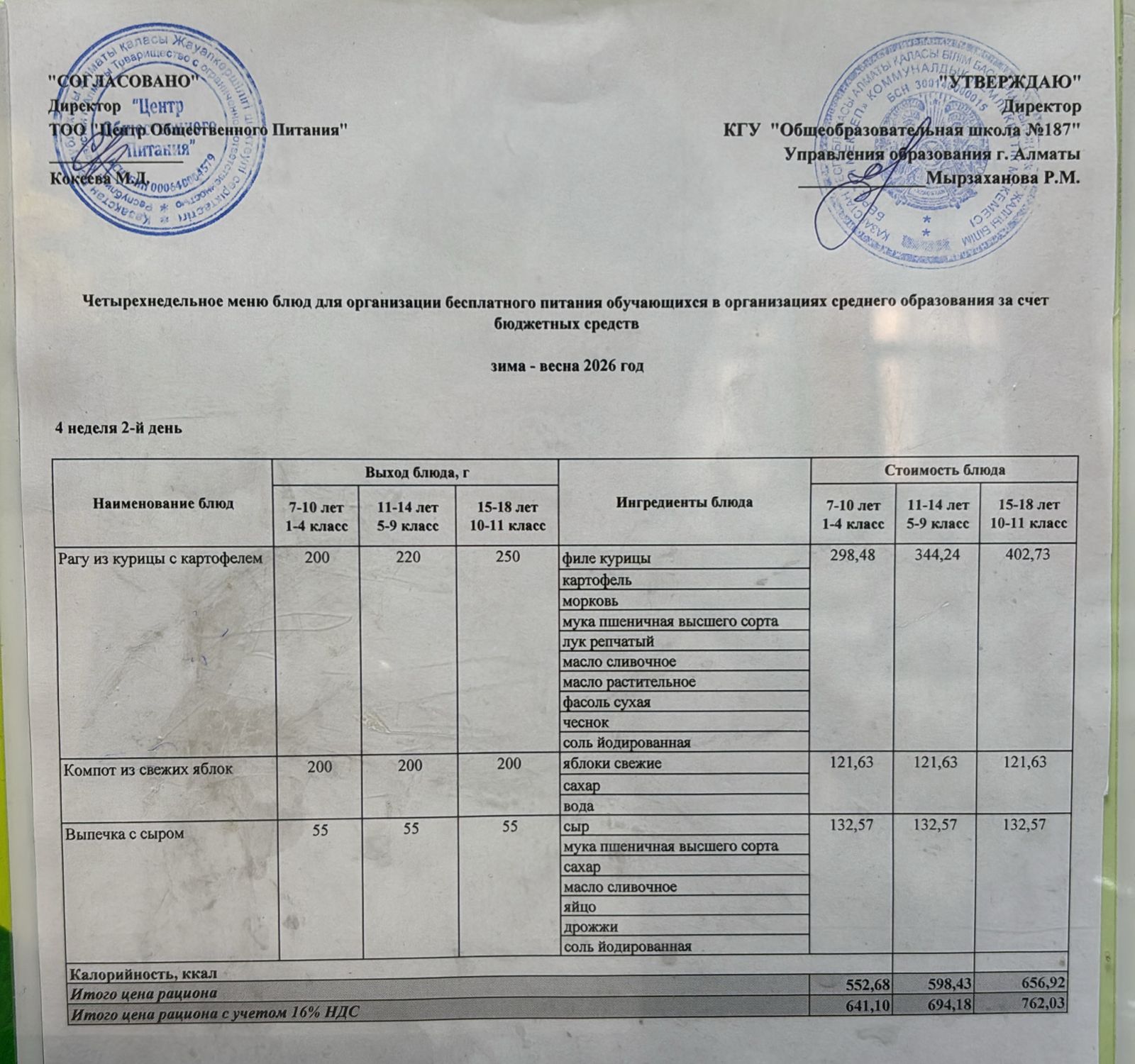 Четырех недельное меню блюд для организации бесплатного питания обучающихся в организациях среднего образования за счет бюджетных средств зима весна 2026 год