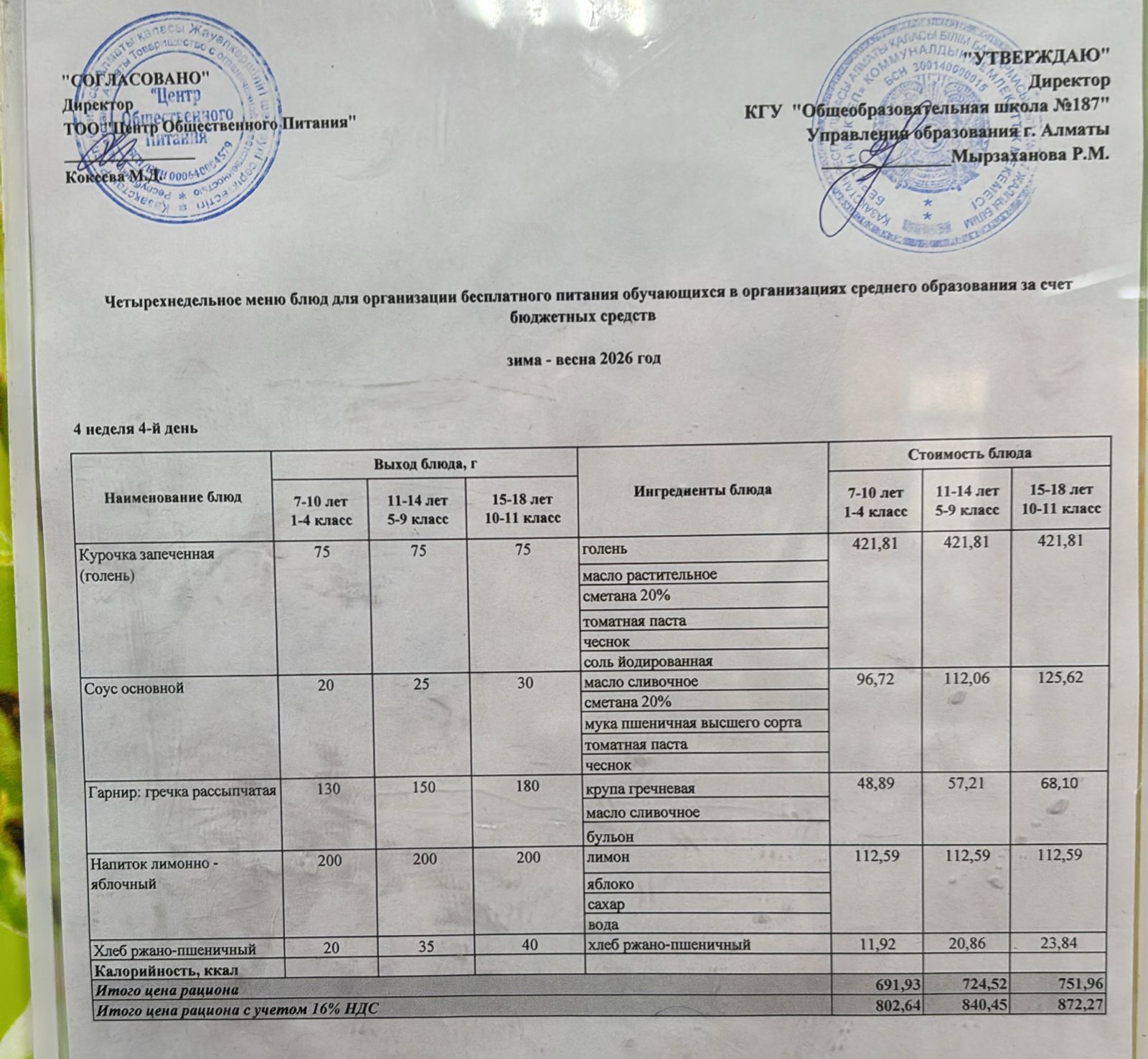 Четырех недельное меню блюд для организации бесплатного питания обучающихся в организациях среднего образования за счет бюджетных средств зима весна 2026 год