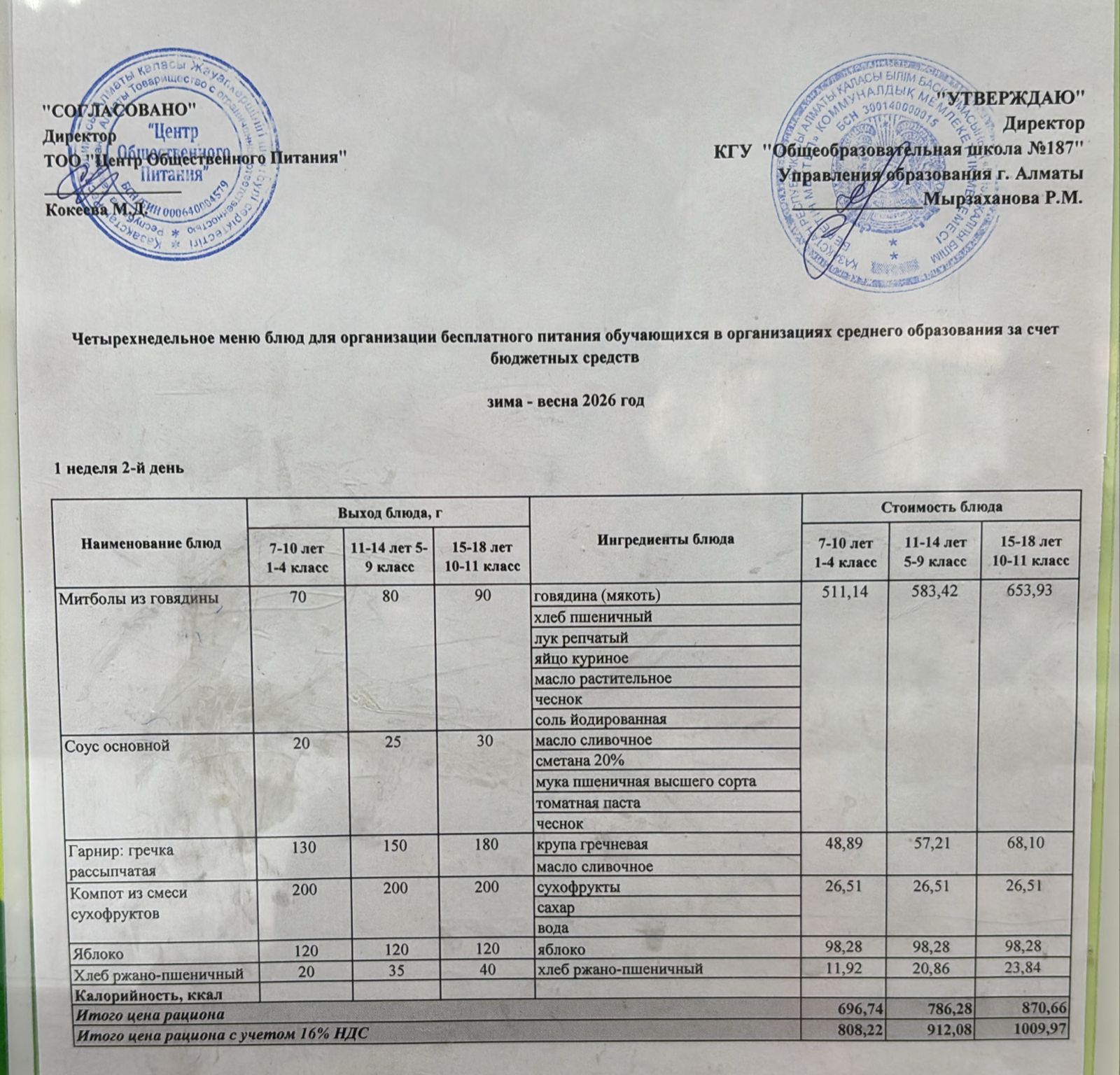 Четырех недельное меню блюд для организации бесплатного питания обучающихся в организациях среднего образования за счет бюджетных средств зима весна 2026 год