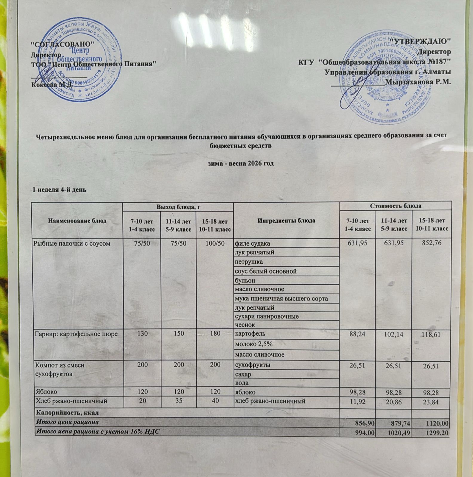Четырех недельное меню блюд для организации бесплатного питания обучающихся в организациях среднего образования за счет бюджетных средств зима весна 2026 год