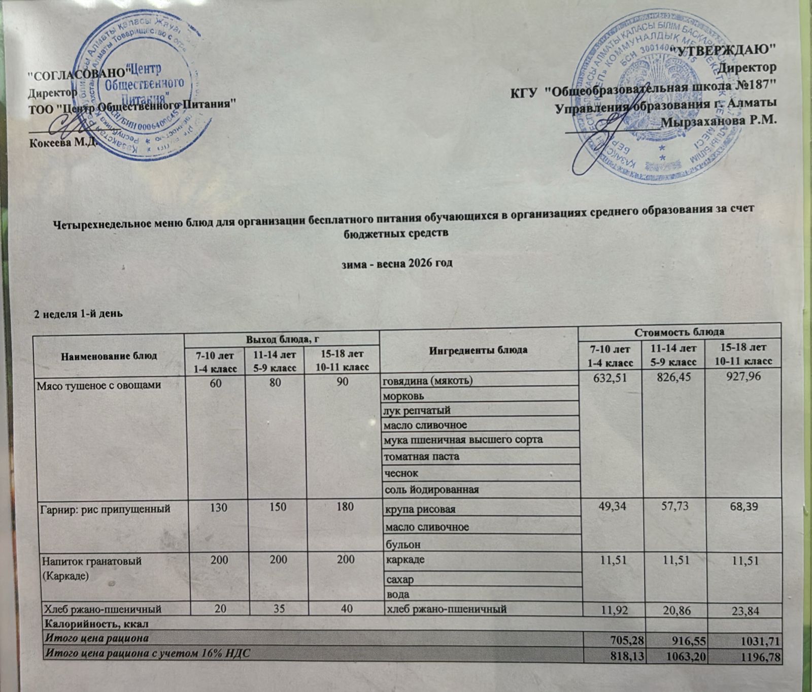 Четырех недельное меню блюд для организации бесплатного питания обучающихся в организациях среднего образования за счет бюджетных средств зима весна 2026 год