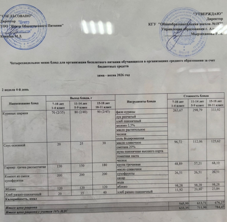 Четырех недельное меню блюд для организации бесплатного питания обучающихся в организациях среднего образования за счет бюджетных средств зима весна 2026 год