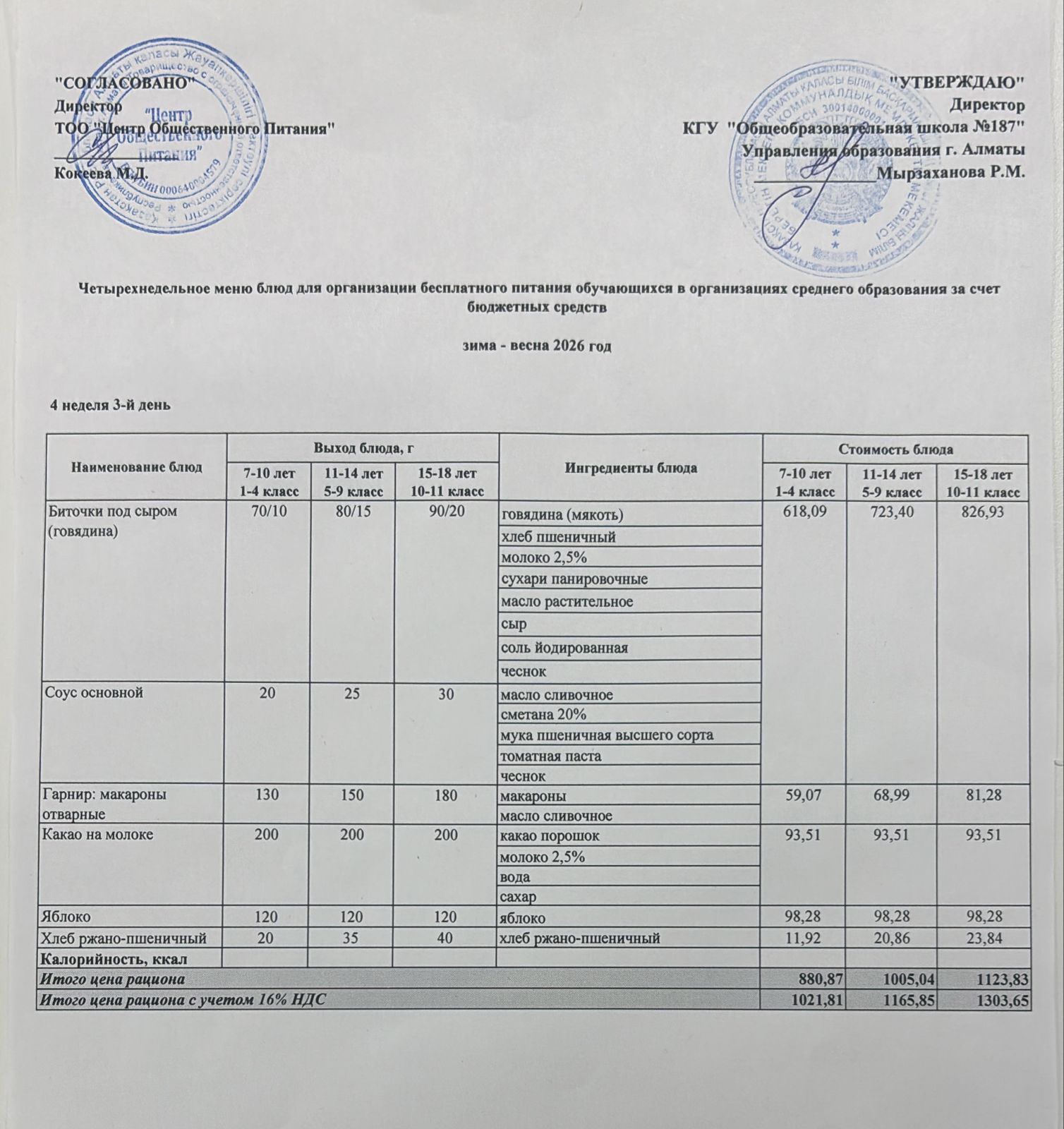 Четырех недельное меню блюд для организации бесплатного питания обучающихся в организациях среднего образования за счет бюджетных средств  весна 2026 год