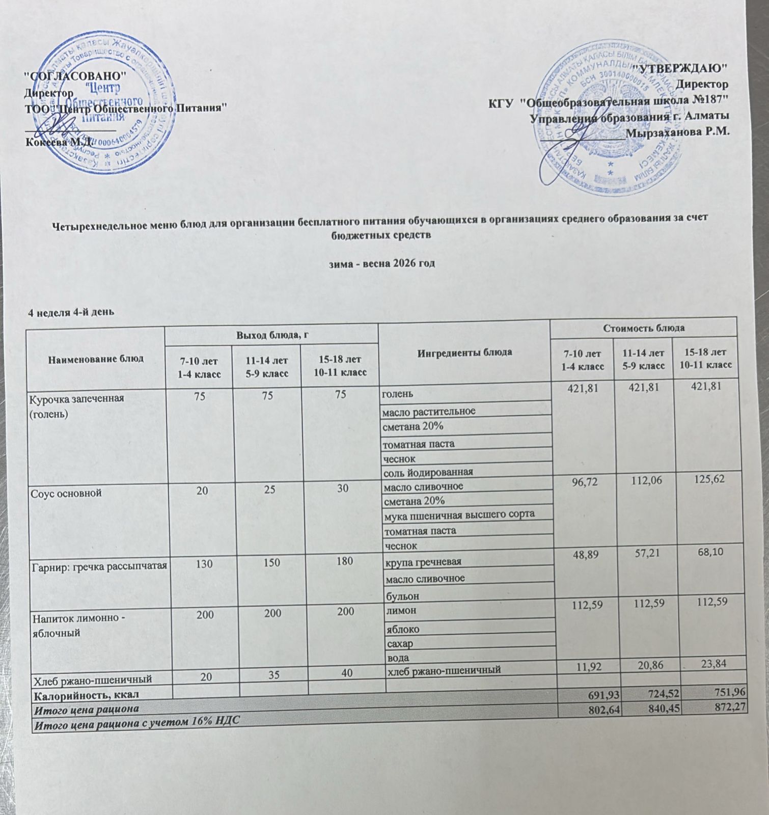 Четырех недельное меню блюд для организации бесплатного питания обучающихся в организациях среднего образования за счет бюджетных средств  весна 2026 год