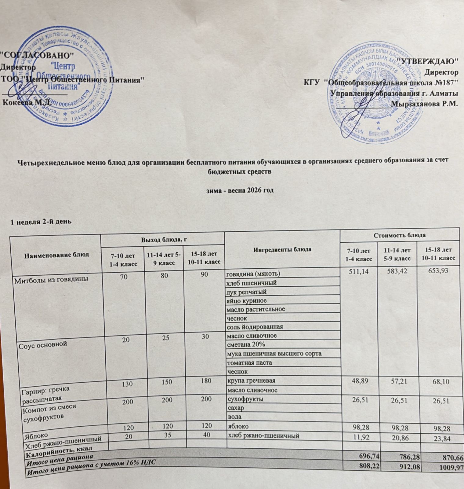 Четырех недельное меню блюд для организации бесплатного питания обучающихся в организациях среднего образования за счет бюджетных средств  весна 2026 год