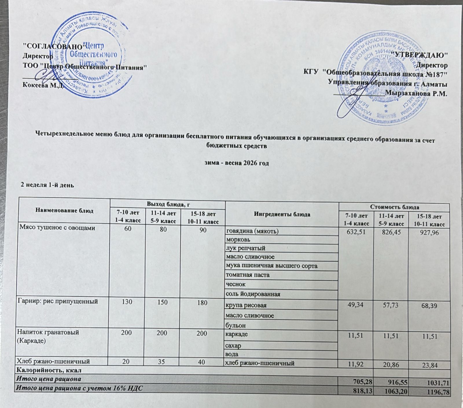 Четырех недельное меню блюд для организации бесплатного питания обучающихся в организациях среднего образования за счет бюджетных средств  весна 2026 год