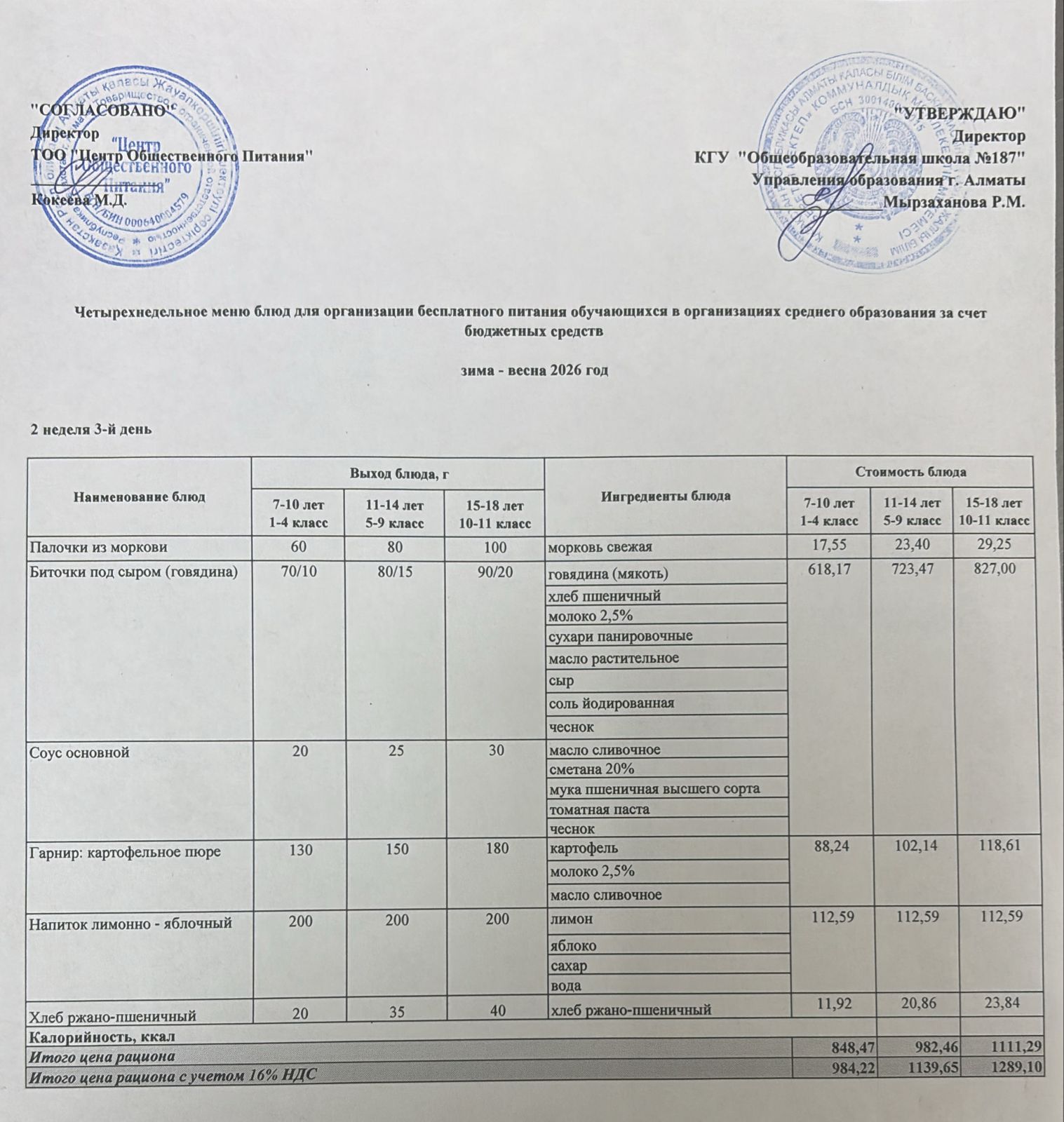 Четырех недельное меню блюд для организации бесплатного питания обучающихся в организациях среднего образования за счет бюджетных средств  весна 2026 год