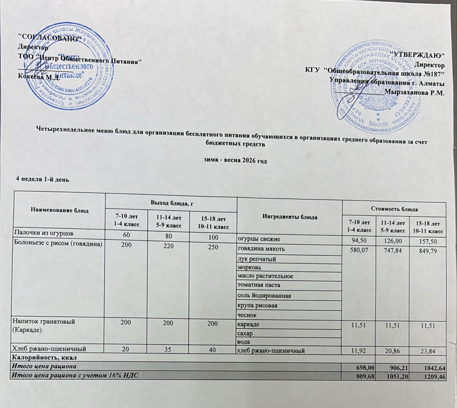 Четырех недельное меню блюд для организации бесплатного питания обучающихся в организациях среднего образования за счет бюджетных средств  весна 2026 год