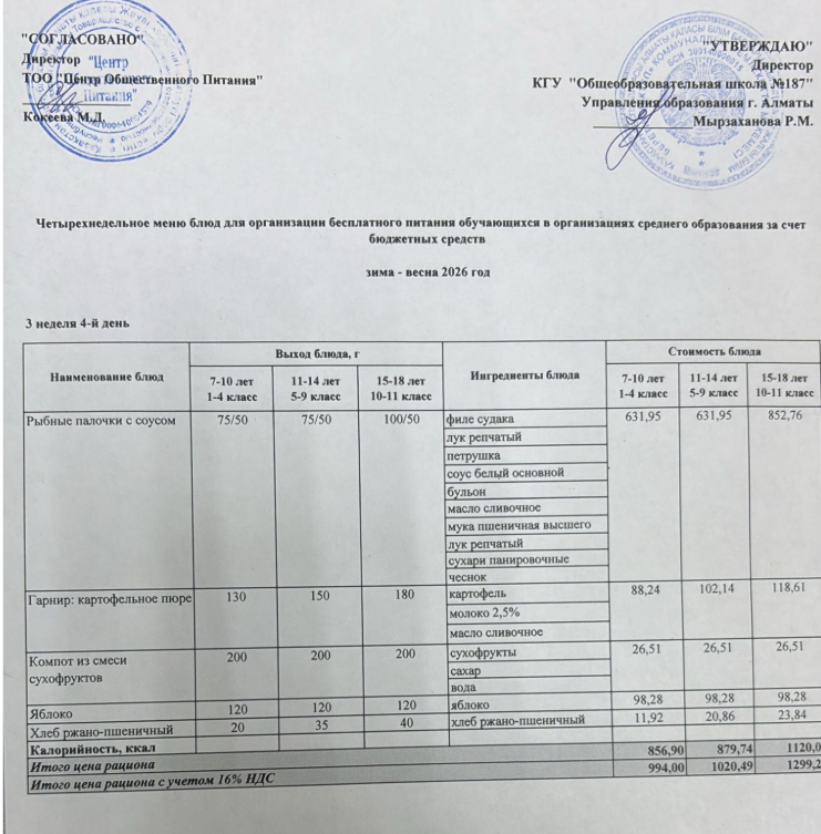 Четырех недельное меню блюд для организации бесплатного питания обучающихся в организациях среднего образования за счет бюджетных средств  весна 2026 год